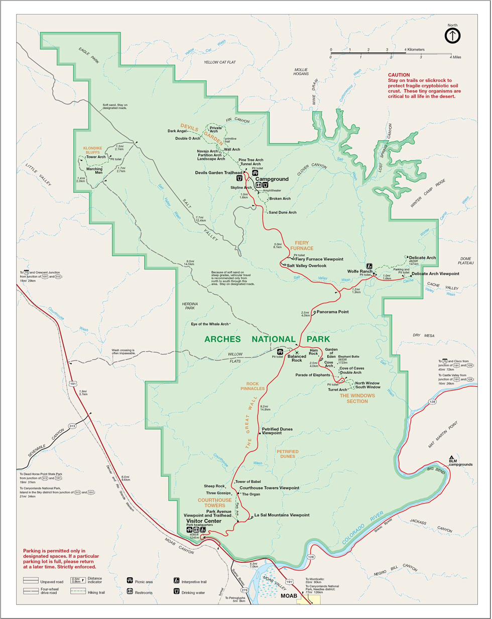 Arches National Park map showing dark-sky stargazing sites