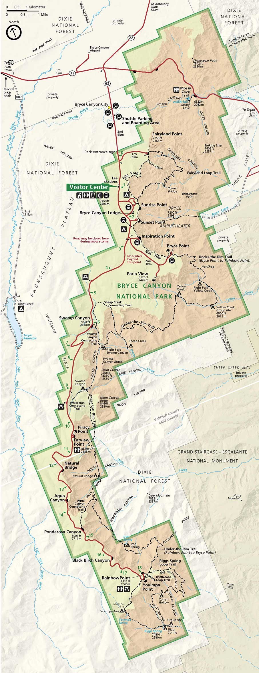 Bryce Canyon National Park map showing stargazing overlooks