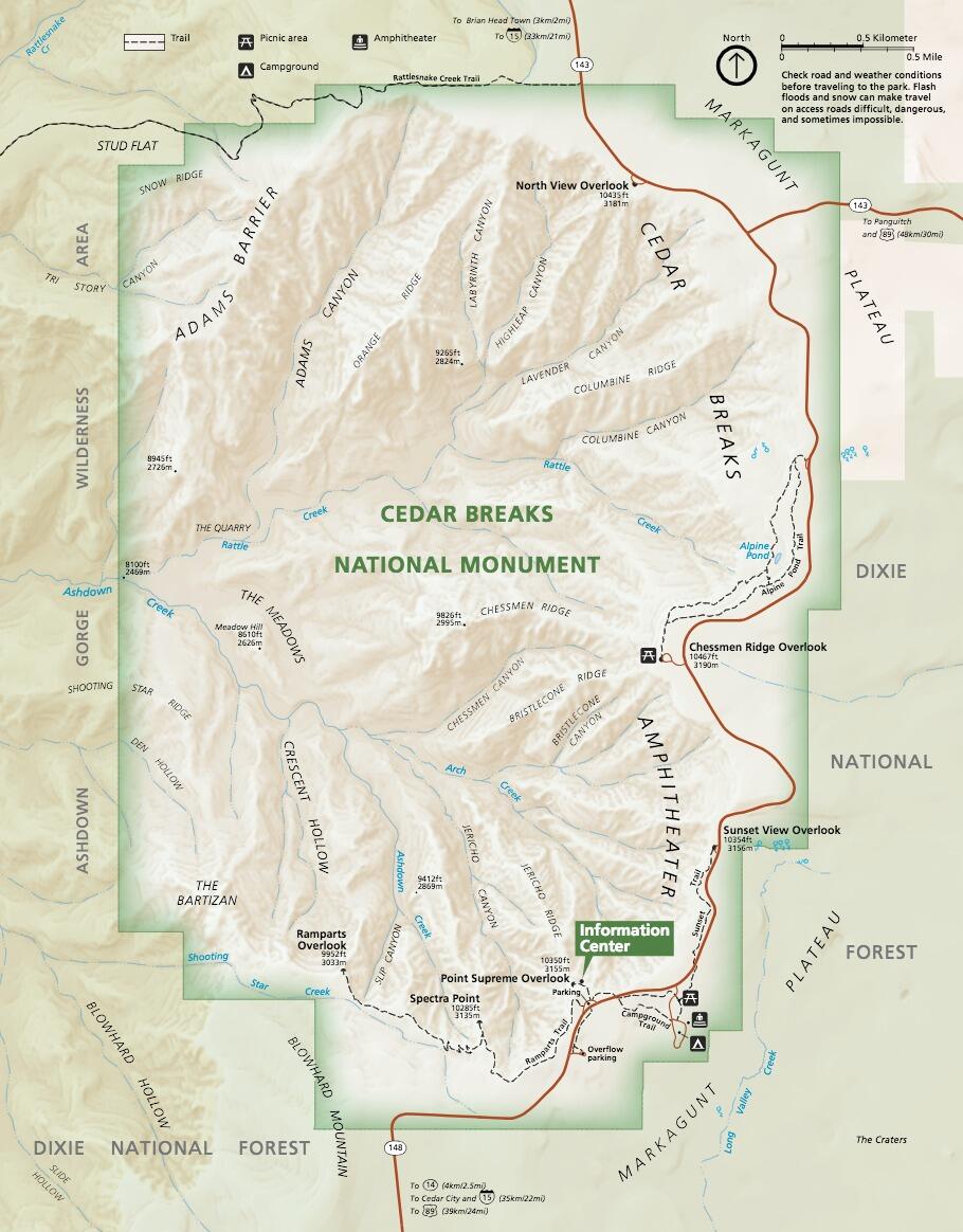 Cedar Breaks National Monument map showing dark-sky stargazing sites