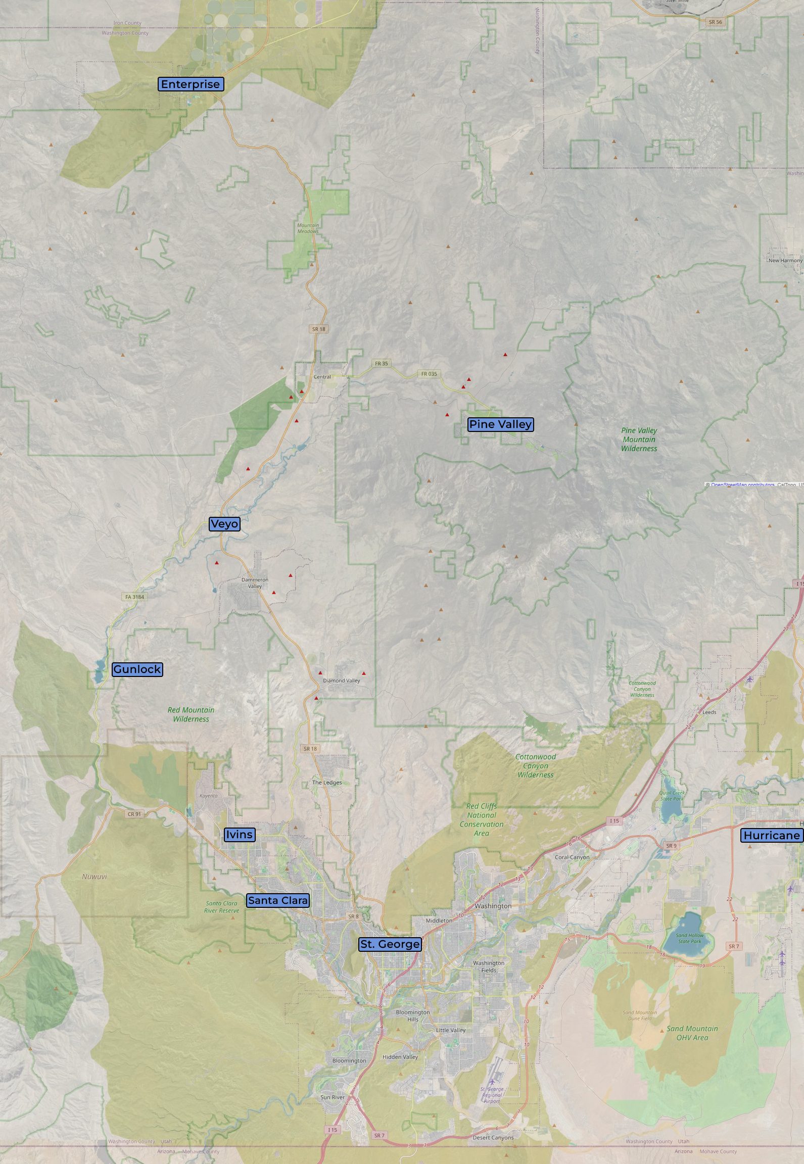 St. George region map showing dark-sky stargazing sites